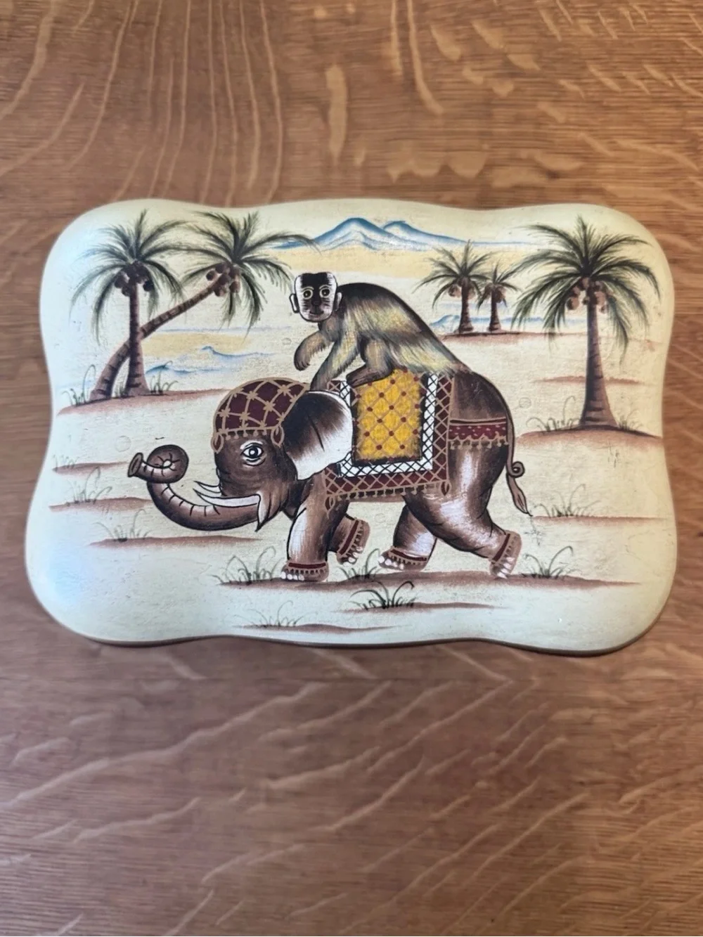 VTG Ceramic Monkey Elephant Trinket Box Desert 8”x6”x4” Exotic Hand Painted